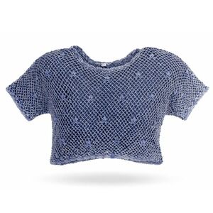 Vintage Y2K MY Blue Crochet Mesh Knit Short Sleeve Ramie Cotton Boho Cropped M